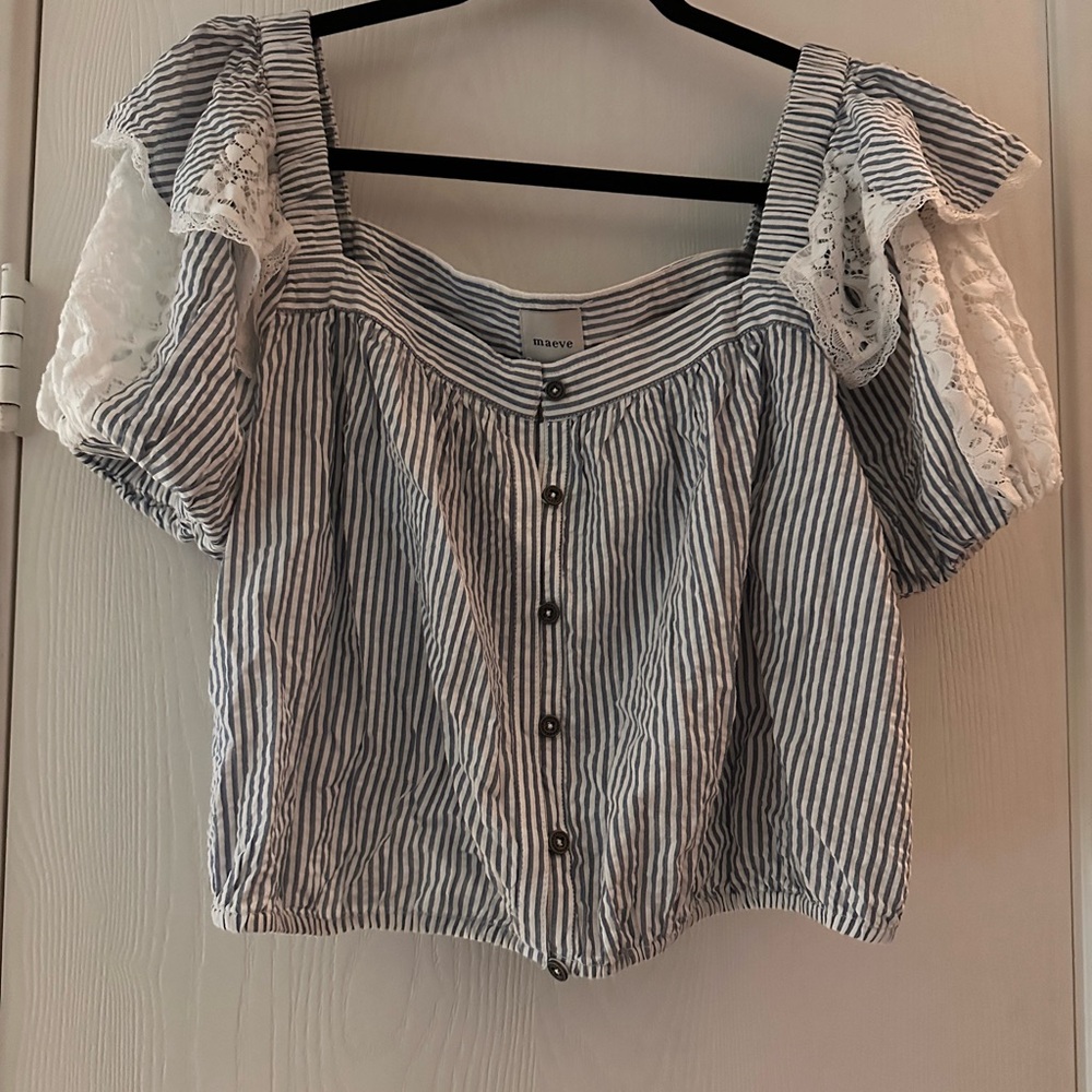 Maeve Blue and White Striped Blouse with Lace Sleeves